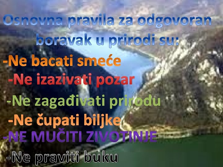 -Ne izazivati pozar -Ne zagađivati prirodu -Ne čupati biljke -Ne praviti buku 