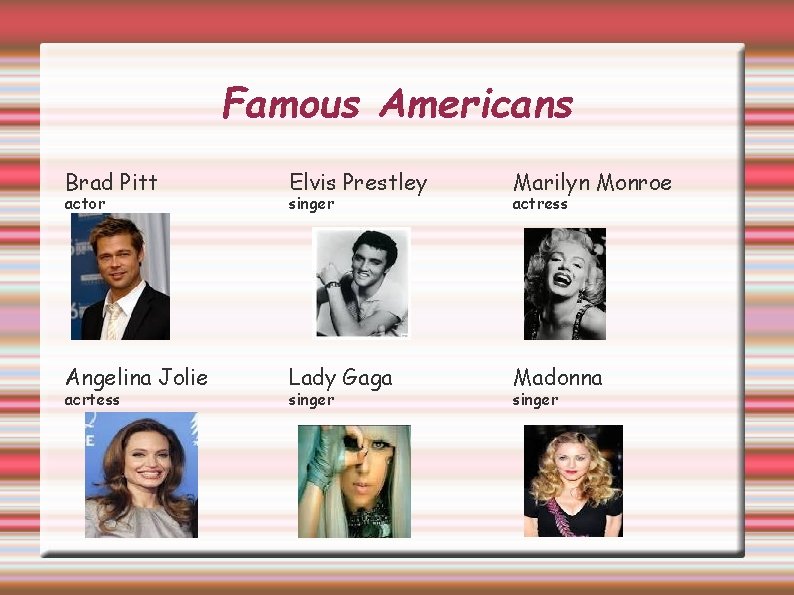 Famous Americans Brad Pitt Elvis Prestley Marilyn Monroe Angelina Jolie Lady Gaga Madonna actor