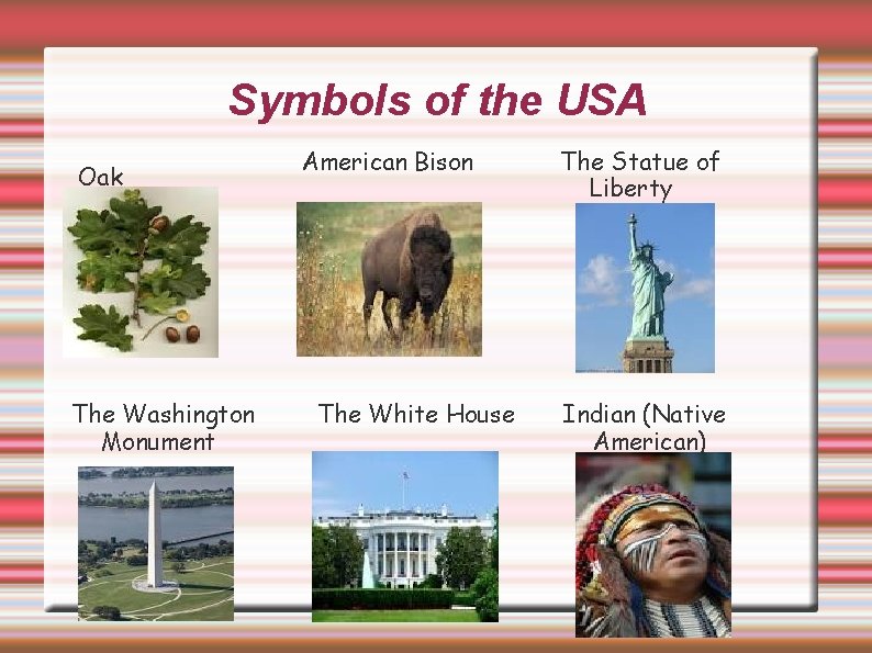 Symbols of the USA Oak The Washington Monument American Bison The White House The