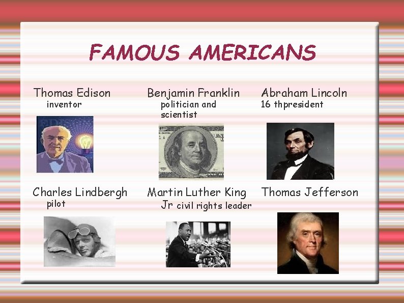 FAMOUS AMERICANS Thomas Edison Benjamin Franklin Charles Lindbergh Martin Luther King Thomas Jefferson Jr