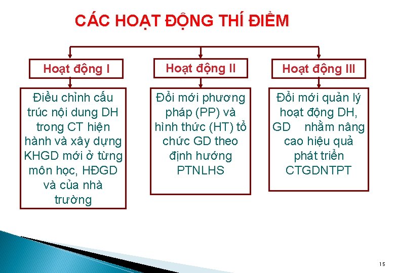 CÁC HOẠT ĐỘNG THÍ ĐIỂM Hoạt động III Điều chỉnh cấu trúc nội dung