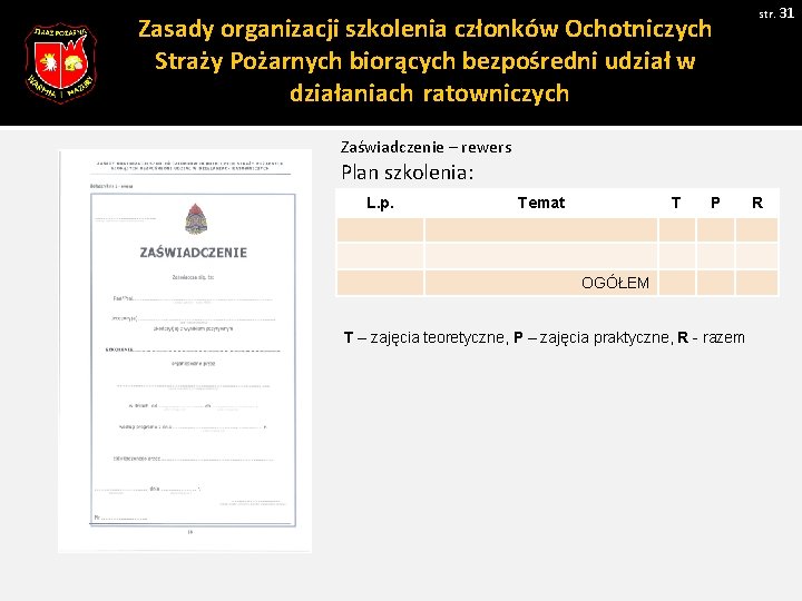Zasady organizacji szkolenia członków Ochotniczych Straży Pożarnych biorących bezpośredni udział w działaniach ratowniczych str.