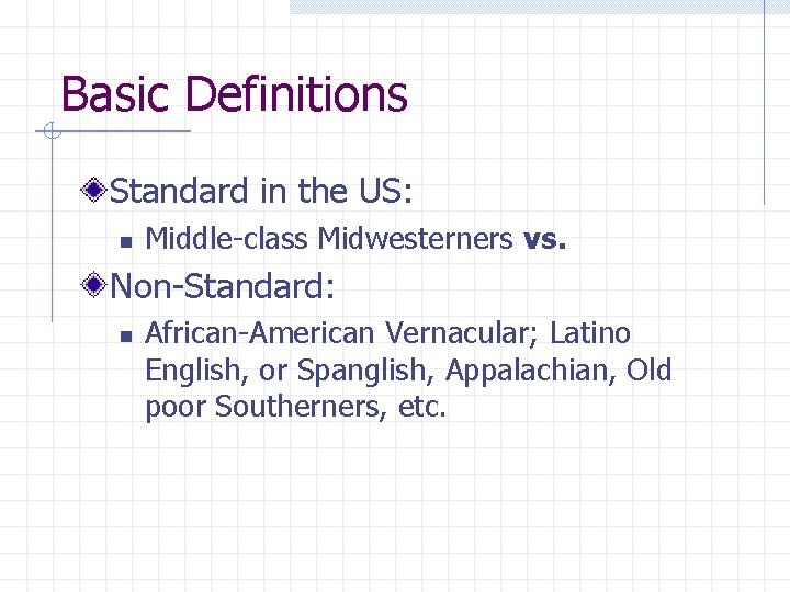 Basic Definitions Standard in the US: n Middle-class Midwesterners vs. Non-Standard: n African-American Vernacular;