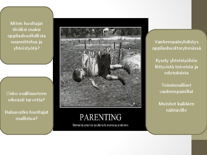 Miten huoltajat tiiviiksi osaksi oppilashuollollista suunnittelua ja yhteistyötä? Vanhempainyhdistys oppilashuoltoryhmässä Kysely yhteistyöhön liittyvistä toiveista