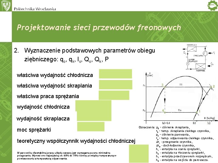 Projektowanie sieci przewodów freonowych 2. Wyznaczenie podstawowych parametrów obiegu ziębniczego: qo, qk, ls, Qo,