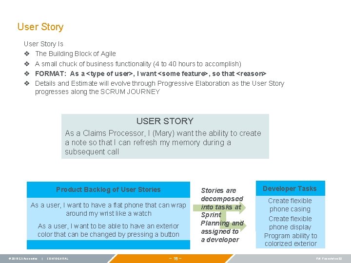 User Story Is v The Building Block of Agile v A small chuck of