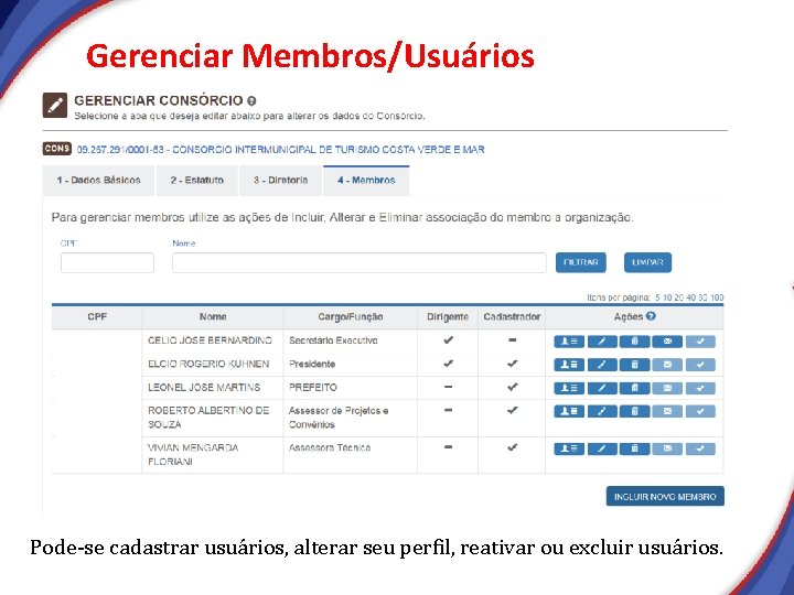 Gerenciar Membros/Usuários Pode-se cadastrar usuários, alterar seu perfil, reativar ou excluir usuários. Gerenciar Membros/Usuários Pode-se cadastrar usuários, alterar seu perfil, reativar ou excluir usuários.