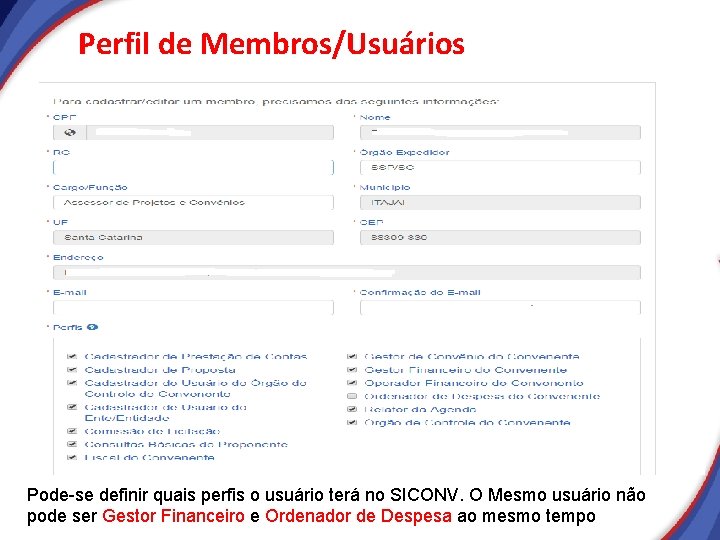 Perfil de Membros/Usuários Pode-se definir quais perfis o usuário terá no SICONV. O Mesmo Perfil de Membros/Usuários Pode-se definir quais perfis o usuário terá no SICONV. O Mesmo