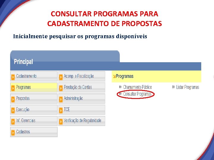 CONSULTAR PROGRAMAS PARA CADASTRAMENTO DE PROPOSTAS Inicialmente pesquisar os programas disponíveis CONSULTAR PROGRAMAS PARA CADASTRAMENTO DE PROPOSTAS Inicialmente pesquisar os programas disponíveis