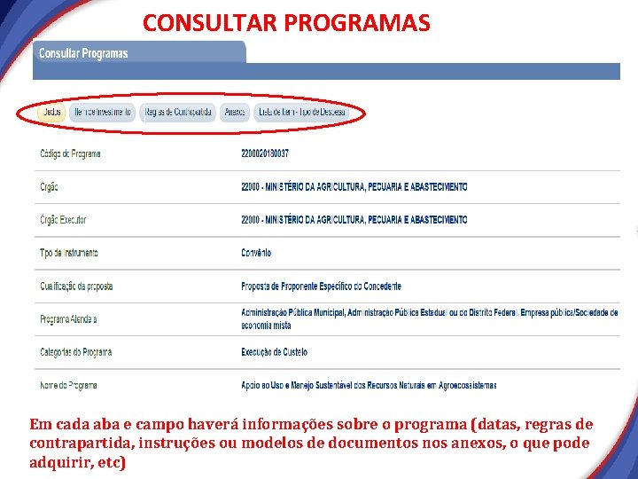 CONSULTAR PROGRAMAS Em cada aba e campo haverá informações sobre o programa (datas, regras CONSULTAR PROGRAMAS Em cada aba e campo haverá informações sobre o programa (datas, regras