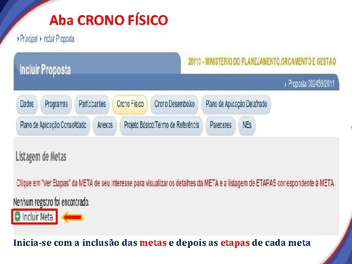 Aba CRONO FÍSICO Inicia-se com a inclusão das metas e depois as etapas de Aba CRONO FÍSICO Inicia-se com a inclusão das metas e depois as etapas de