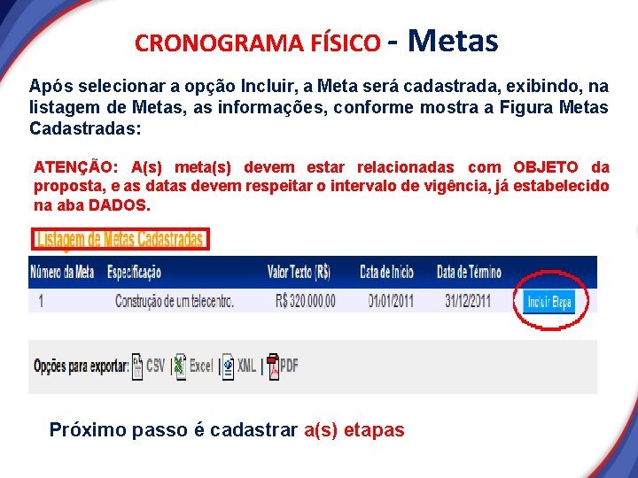 CRONOGRAMA FÍSICO - Metas Após selecionar a opção Incluir, a Meta será cadastrada, exibindo, CRONOGRAMA FÍSICO - Metas Após selecionar a opção Incluir, a Meta será cadastrada, exibindo,