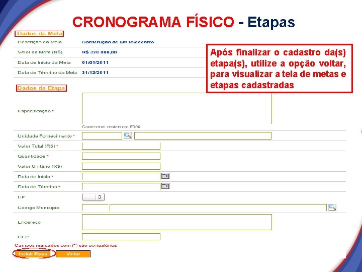 CRONOGRAMA FÍSICO - Etapas Após finalizar o cadastro da(s) etapa(s), utilize a opção voltar, CRONOGRAMA FÍSICO - Etapas Após finalizar o cadastro da(s) etapa(s), utilize a opção voltar,