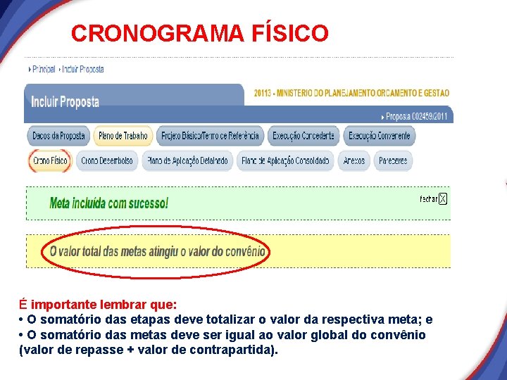 CRONOGRAMA FÍSICO É importante lembrar que: • O somatório das etapas deve totalizar o CRONOGRAMA FÍSICO É importante lembrar que: • O somatório das etapas deve totalizar o