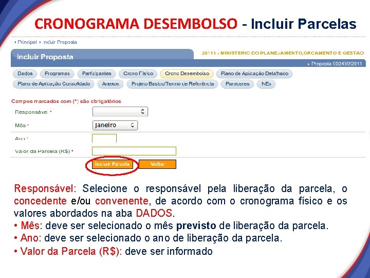 CRONOGRAMA DESEMBOLSO - Incluir Parcelas Responsável: Selecione o responsável pela liberação da parcela, o CRONOGRAMA DESEMBOLSO - Incluir Parcelas Responsável: Selecione o responsável pela liberação da parcela, o