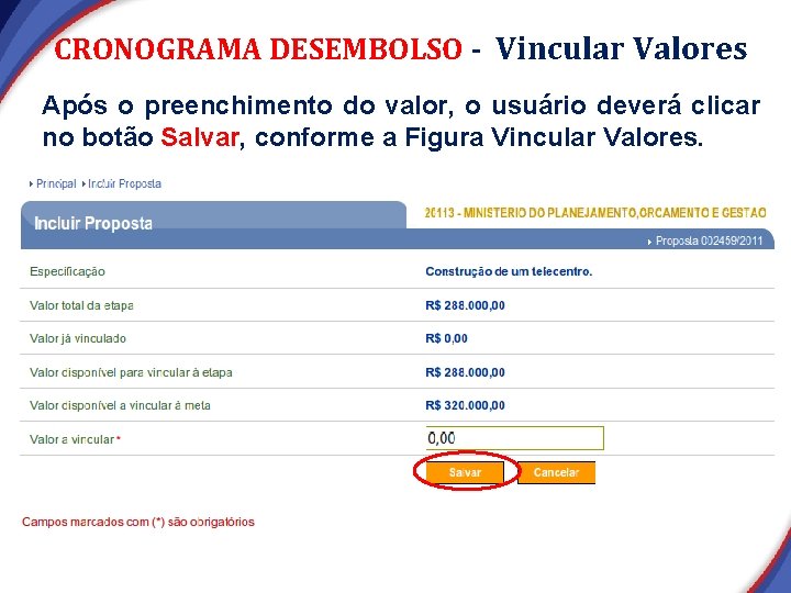 CRONOGRAMA DESEMBOLSO - Vincular Valores Após o preenchimento do valor, o usuário deverá clicar CRONOGRAMA DESEMBOLSO - Vincular Valores Após o preenchimento do valor, o usuário deverá clicar