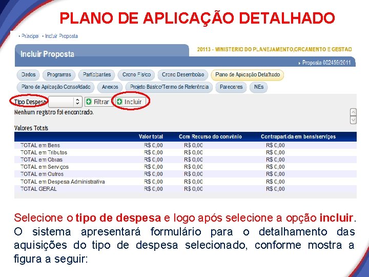 PLANO DE APLICAÇÃO DETALHADO Selecione o tipo de despesa e logo após selecione a PLANO DE APLICAÇÃO DETALHADO Selecione o tipo de despesa e logo após selecione a