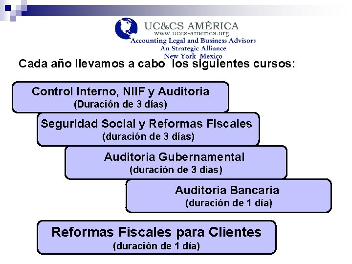 Cada año llevamos a cabo los siguientes cursos: Control Interno, NIIF y Auditoria (Duración