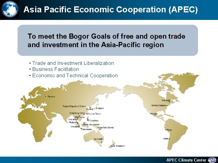 Asia Pacific Economic Cooperation (APEC) To meet the Bogor Goals of free and open