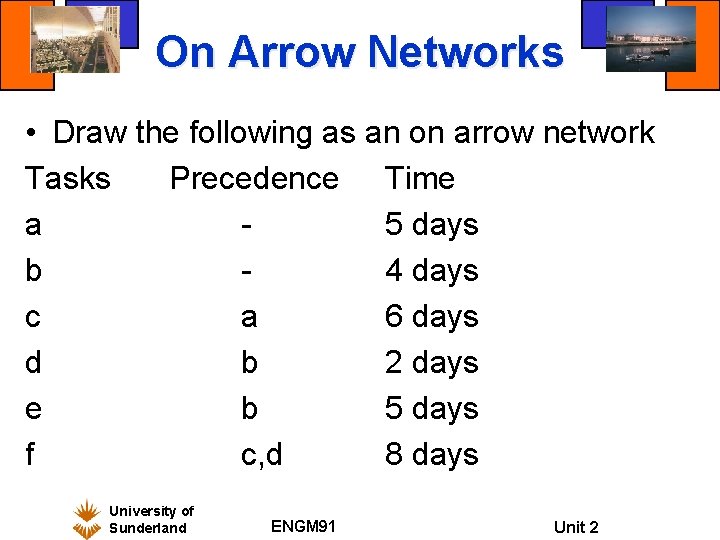 On Arrow Networks • Draw the following as an on arrow network Tasks Precedence On Arrow Networks • Draw the following as an on arrow network Tasks Precedence