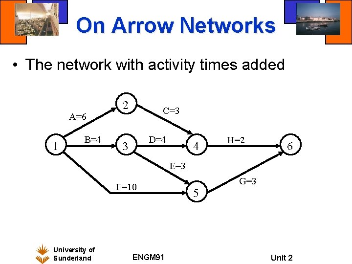 On Arrow Networks • The network with activity times added A=6 1 B=4 2 On Arrow Networks • The network with activity times added A=6 1 B=4 2