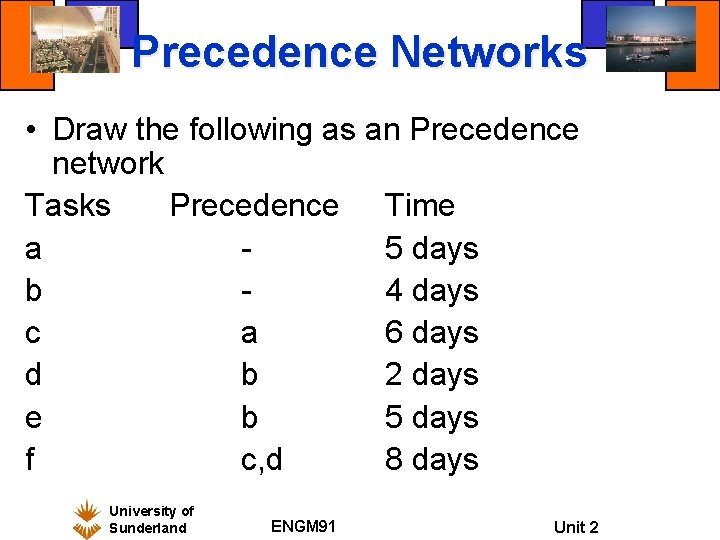 Precedence Networks • Draw the following as an Precedence network Tasks Precedence Time a Precedence Networks • Draw the following as an Precedence network Tasks Precedence Time a