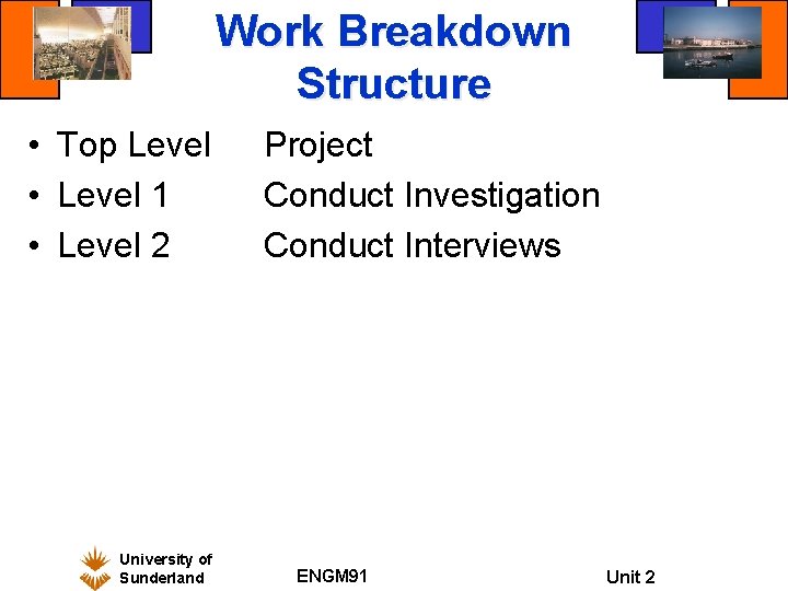 Work Breakdown Structure • Top Level • Level 1 • Level 2 University of Work Breakdown Structure • Top Level • Level 1 • Level 2 University of