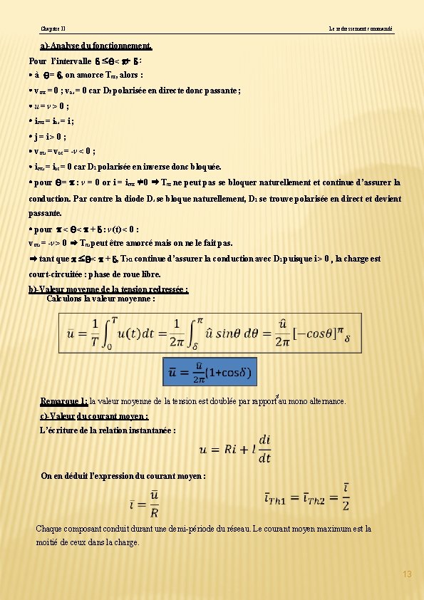 Chapitre II Le redressement commandé a)-Analyse du fonctionnement. Pour l’intervalle δ ≤θ < π+