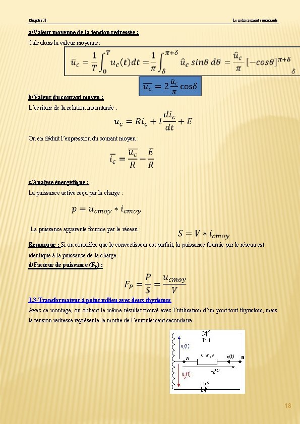 Chapitre II Le redressement commandé a/Valeur moyenne de la tension redressée : Calculons la