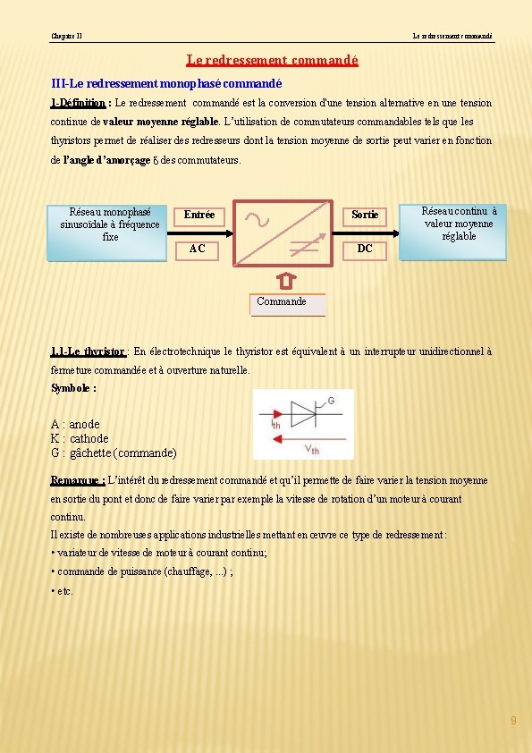 Chapitre II Le redressement commandé III-Le redressement monophasé commandé 1 -Définition : Le redressement