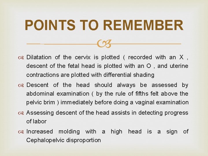 POINTS TO REMEMBER Dilatation of the cervix is plotted ( recorded with an X