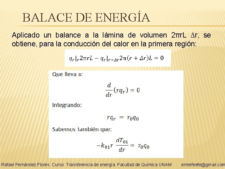 BALACE DE ENERGÍA Aplicado un balance a la lámina de volumen 2πr. L ∆r,