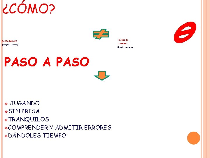 ¿CÓMO? ENSEÑÁNDOLES (disciplina interna) PASO A PASO JUGANDO v. SIN PRISA v. TRANQUILOS v.