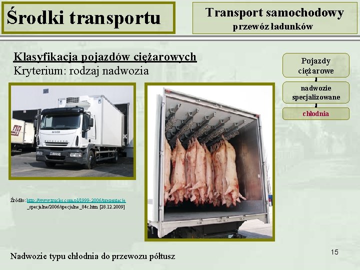 Środki transportu Klasyfikacja pojazdów ciężarowych Kryterium: rodzaj nadwozia Transport samochodowy przewóz ładunków Pojazdy ciężarowe