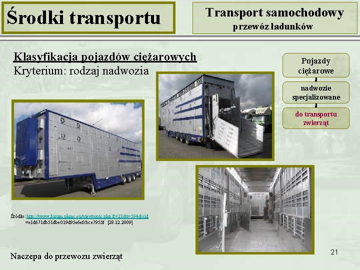 Środki transportu Klasyfikacja pojazdów ciężarowych Kryterium: rodzaj nadwozia Transport samochodowy przewóz ładunków Pojazdy ciężarowe