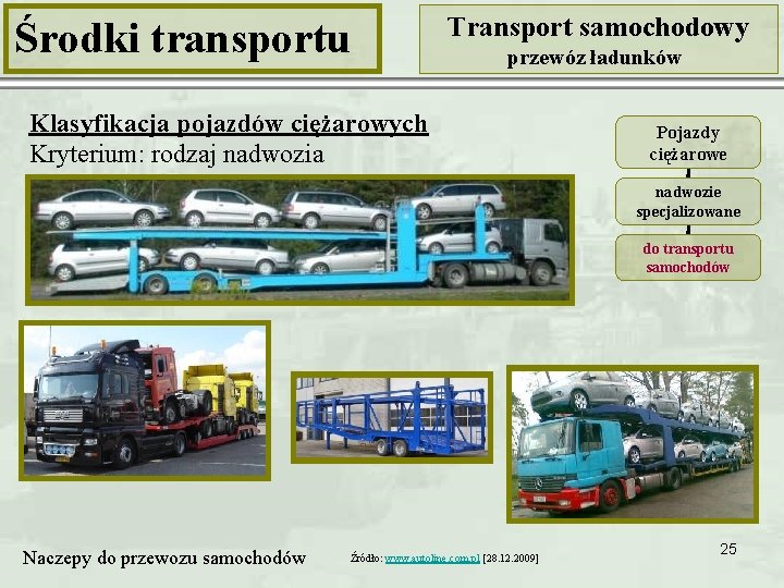 Środki transportu Transport samochodowy przewóz ładunków Klasyfikacja pojazdów ciężarowych Kryterium: rodzaj nadwozia Pojazdy ciężarowe