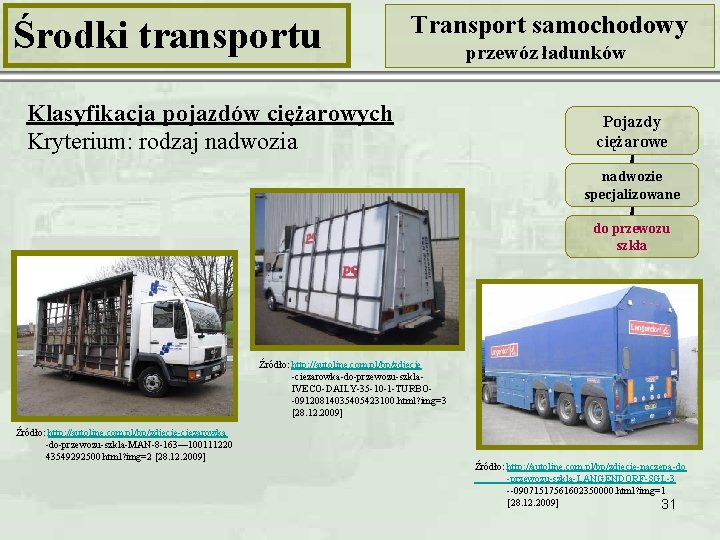 Środki transportu Transport samochodowy Klasyfikacja pojazdów ciężarowych Kryterium: rodzaj nadwozia przewóz ładunków Pojazdy ciężarowe