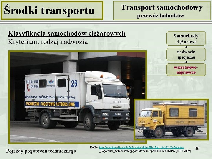 Środki transportu Transport samochodowy Klasyfikacja samochodów ciężarowych Kryterium: rodzaj nadwozia przewóz ładunków Samochody ciężarowe