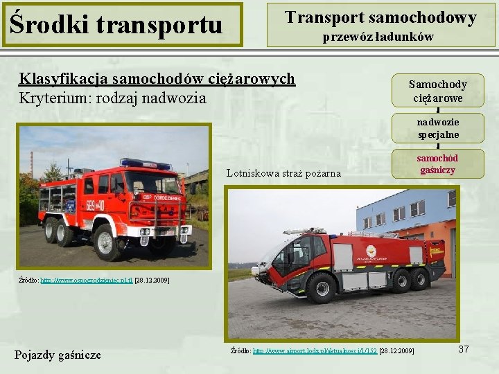 Środki transportu Transport samochodowy przewóz ładunków Klasyfikacja samochodów ciężarowych Kryterium: rodzaj nadwozia Samochody ciężarowe