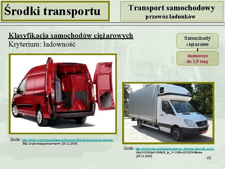 Środki transportu Transport samochodowy przewóz ładunków Klasyfikacja samochodów ciężarowych Kryterium: ładowność Samochody ciężarowe dostawcze