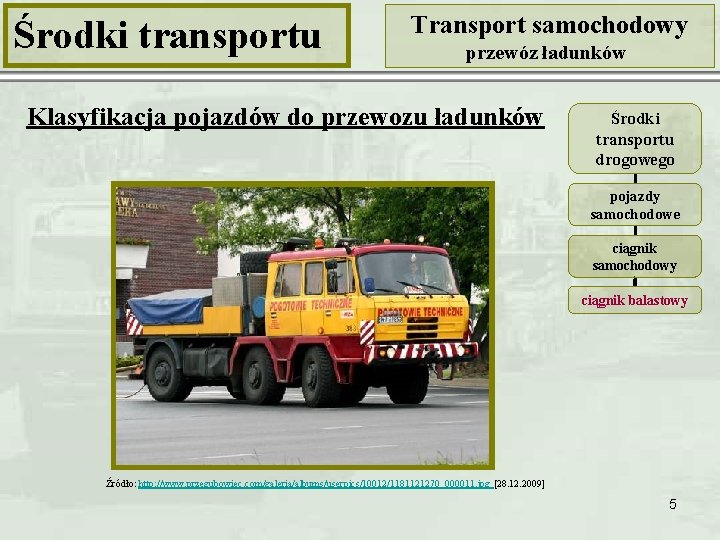 Środki transportu Transport samochodowy przewóz ładunków Klasyfikacja pojazdów do przewozu ładunków Środki transportu drogowego