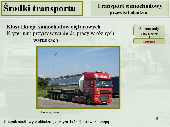 Środki transportu Transport samochodowy przewóz ładunków Klasyfikacja samochodów ciężarowych Kryterium: przystosowanie do pracy w