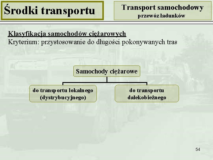 Środki transportu Transport samochodowy przewóz ładunków Klasyfikacja samochodów ciężarowych Kryterium: przystosowanie do długości pokonywanych