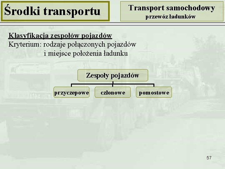 Środki transportu Transport samochodowy przewóz ładunków Klasyfikacja zespołów pojazdów Kryterium: rodzaje połączonych pojazdów i