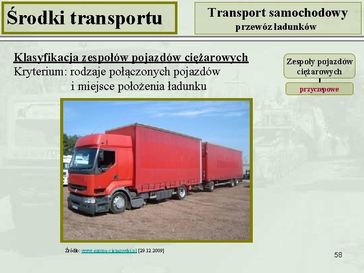 Środki transportu Transport samochodowy przewóz ładunków Klasyfikacja zespołów pojazdów ciężarowych Kryterium: rodzaje połączonych pojazdów