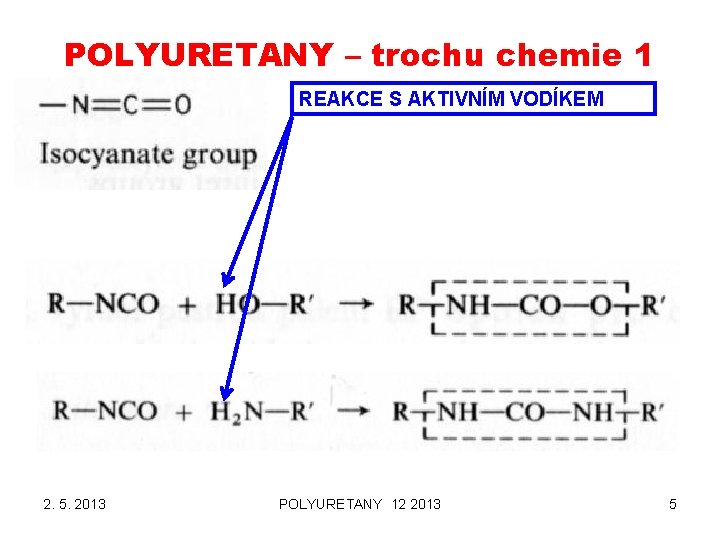 POLYURETANY – trochu chemie 1 REAKCE S AKTIVNÍM VODÍKEM 2. 5. 2013 POLYURETANY 12