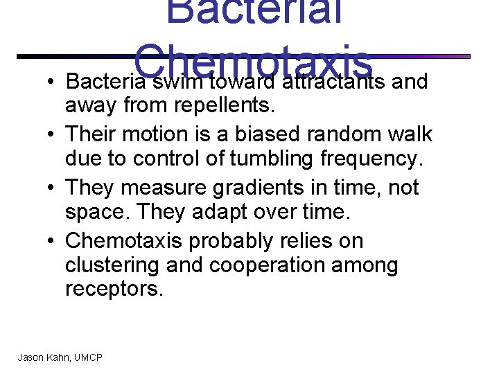 Bacterial Chemotaxis • Bacteria swim toward attractants and away from repellents. • Their motion