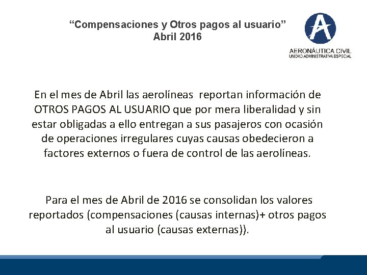 “Compensaciones y Otros pagos al usuario” Abril 2016 En el mes de Abril las