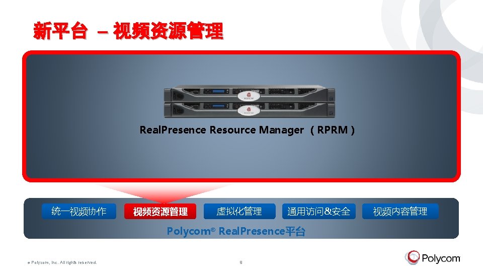 新平台 – 视频资源管理 Real. Presence Resource Manager （RPRM） 统一视频协作 视频资源管理 虚拟化管理 通用访问&安全 Polycom® Real.