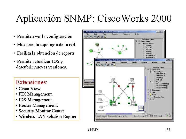 Aplicación SNMP: Cisco. Works 2000 • Permiten ver la configuración • Muestran la topología